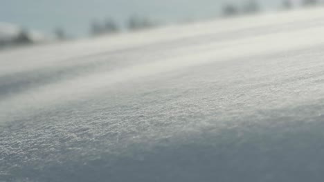 Close-up-pull-focus-in-slow-motion-as-wind-blows-ice-crystals-and-snow-across-a-deep-snow-covered-field,-on-a-bright-winters-day-with-trees-in-the-far-distance
