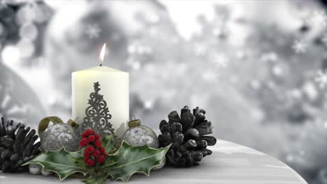 Realistic-3D-CGI-of-a-Christmas-Candle-Table-Decoration,-in-cool-white-and-silver-with-a-shiny-holly-sprig-and-an-abstract-ice-themed-background