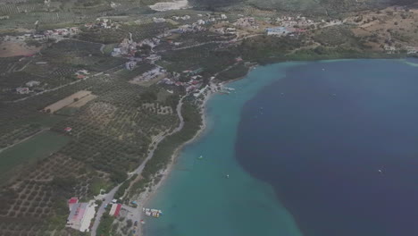 Aerial-panorama-of-Kournas-Lake,-in-Greece