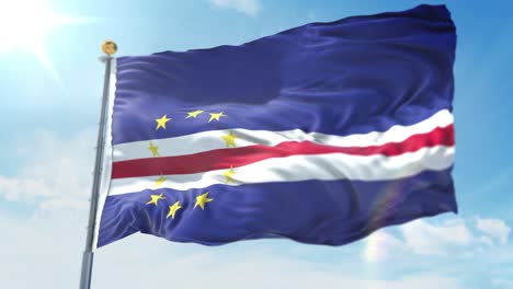 4k-3D-Darstellung-Der-Wehenden-Flagge-An-Einem-Mast-Des-Landes-Kap-Verde