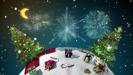 Charming-3D-motion-graphic-of-a-mini-snowy-world-spinning,-with-trees-popping-out-of-gifts-and-fireworks-bursting-in-a-snowy-night-sky-and-space-for-the-message-of-your-choice