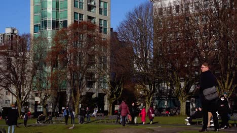 People-walking-around-in-park-at-the-English-Bay-in-Vancouver-on-a-sunny-winter-day