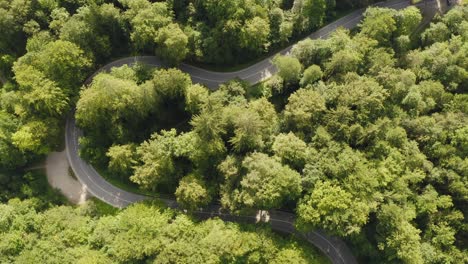 Timelapse---Aerial-view-at-fast-driving-cars-having-a-ride-through-a-tight-curve-in-a-forest-summer-landscape