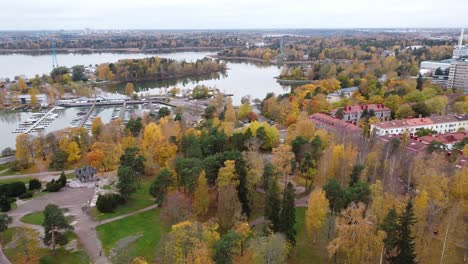 Aerial---Sibelius-Park,-Bay-of-Finland,-Helsinki,-Finland,-wide-shot-pan-right