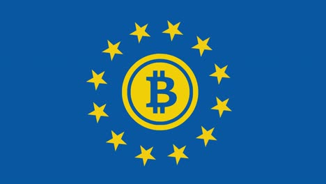 Bitcoin-logo-representation-in-the-European-Union-flag-in-the-background