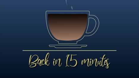 Slick-and-fun-animated-line-drawing-motion-graphic-of-a-coffee-cup-filling-from-a-jug-on-a-blue-background,-with-the-message-Back-in-15-Minutes,-ideal-for-presentations-and-corporate-training-days