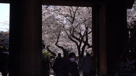 Multitudes-Con-Mascarillas-Cruzando-La-Puerta-Del-Santuario-Yasukuni-En-Japón