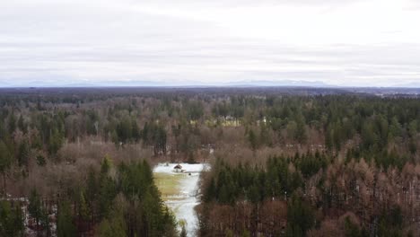Drone-flight-backwards-away-from-a-idyllic-placed-house-in-the-middle-of-a-wide-forest-at-the-winter-season-with-parts-of-snow-on-the-ground-and-a-mountain-panorama-at-the-cloudy-horizon