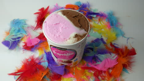 ice-cream,-Neapolitan-icecream,-food,-gelato,-strawberry,-vanilla,-chocolate-flavors,-commercial,-sweet,-frozen-snack,-sorbet-bowl,-smooth-zoom-in