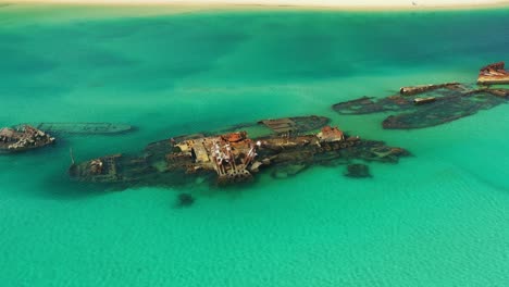 Crystal-clear-water-diving-site,-Moreton-Island-wrecks,-Queensland-Australia-,-Drone