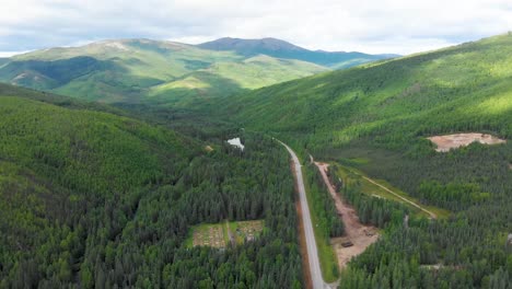 4K-Drone-Video-of-Chena-Hot-Springs-Road-at-Entrance-of-Convention-Center-and-Resort-near-Fairbanks,-Alaska-in-Summer