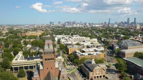 Drone-Flies-Over-Annenberg-Hall,-Sanders-Theatre-with-Boston-Skyline-in-Background
