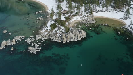 Aerial-decent-above-Sand-Harbor-Lake-Tahoe-to-the-water-line