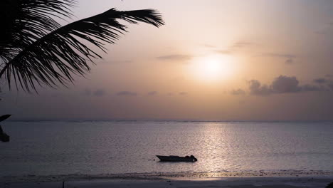 Motorboat-anchored-on-tropical-beach-at-sunset,-palm-leaves-in-breeze