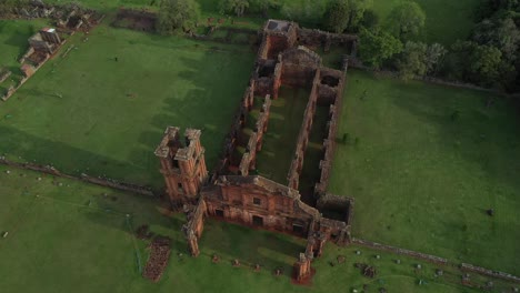 Tilt-down-orbiting-aerial-view-of-the-Jesuit-church-ruins-of-the-Sao-Miguel-Das-Missoes