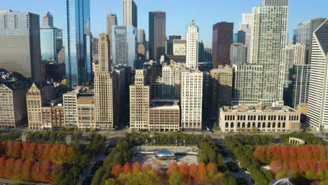 Fixed-Aerial-Shot-of-The-Bean-in-Downtown-Chicago,-Illinois-on-Picturesque-Autumn-Day