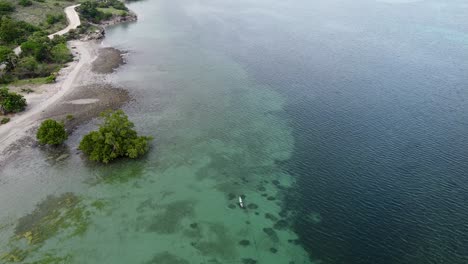 Mangroven-Ökosystem,-Kristallklares-Türkisfarbenes-Wasser-Und-Ein-Kleines-Traditionelles-Fischerkanuboot-Auf-Einem-Idyllischen,-Abgelegenen-Tropischen-Inselparadies