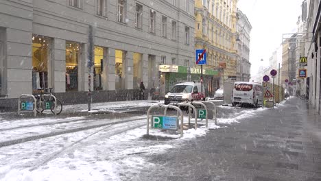 Typische-Städtische-Stadtlandschaft-Mit-Fahrenden-Autos-Und-Gehenden-Menschen-Bei-Starkem-Schneefall