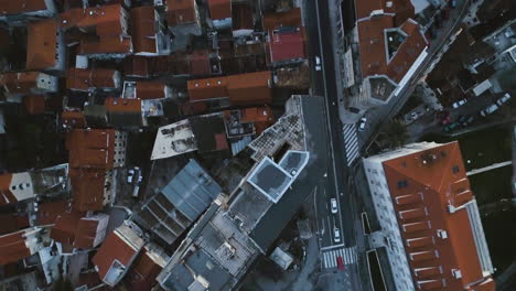 Urban-cityscape-of-Split-city-and-traffic,-aerial-top-down-view