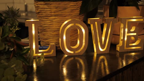 Lit-Golden-Love-Sign-On-A-Reflective-Table-With-Native-Plants-Surrounding