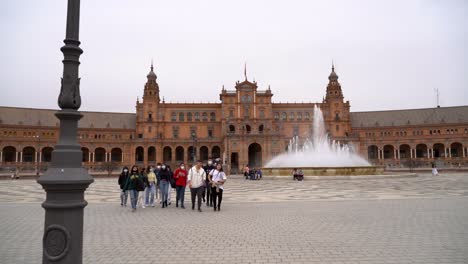 Pan-across-Plaza-de-Espana,-tourist-attraction-in-Seville,-Spain