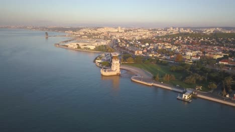 Aerial,-Orbit,-Drone-Shot-Around-The-Torre-De-Belem-and-The-Tagus