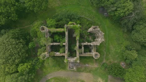 Slow-Descending-Top-Down-Shot-Of-An-Abandoned-Cambusnethan-Priory