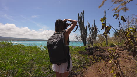 Blick-Von-Hinten-Auf-Eine-Junge-Rucksacktouristin,-Die-Einen-Kaktus-Auf-Der-Insel-Santa-Cruz-Auf-Den-Galapagosinseln-Fotografiert