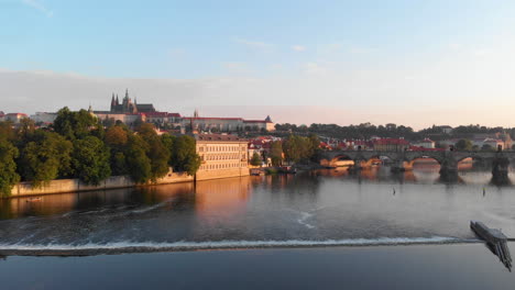 Aerial-view-to-Vltava-river-and-Prague-castle-at-sunrise,-Prague,-Czech-Republic