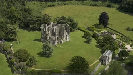 Old-Wardour-castle-ruins,-from-above,-in-the-countryside-on-a-sunny-summers-day