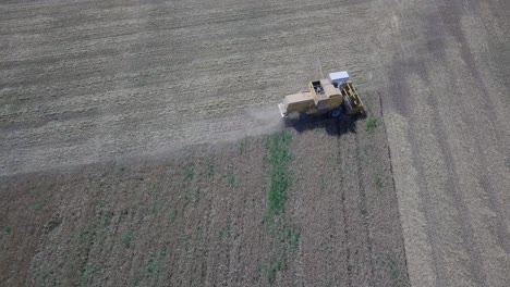 AERIAL-top-down-view,-looking-down-at-a-combine-harvester-working-in-the-wheat-field