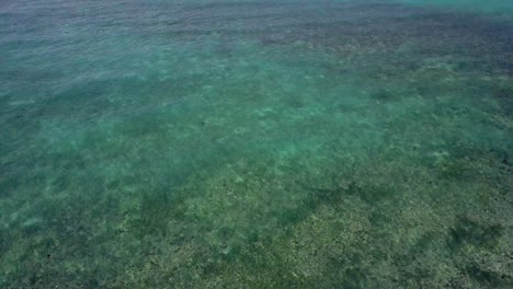 Aerial-view-tilting-up-from-clear-green-waters-with-coral-reefs-to-horizon-with-blue-waters-in-the-Philippines
