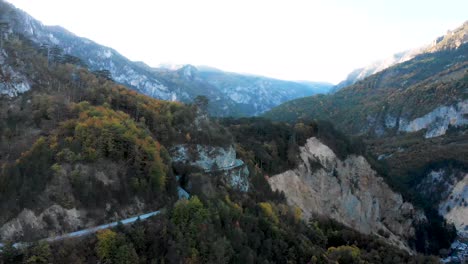 Aerial-view-of-the-Tara-Canyon-in-the-fall-season-as-the-sunset-occurs-during-the-valley