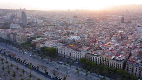 Barcelona-Aerial-view-at-sunset-with-Passeig-de-Colom-Avenue,-Spain