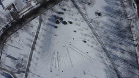 Engel-Im-Schnee,-Park-An-Einem-Kalten-Wintertag---Mutter-Und-Kind---Drohne---Filmisch---4k-Draufsicht-Beim-Abstieg