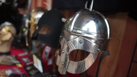 A-beautiful-metal-medieval-helmet-on-display