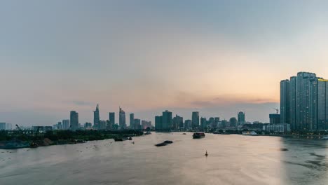 Aerial-Timelapse,-Saigon-Cityscape-at-Sunset