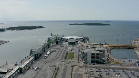 Static-aerial-view-high-above-port-in-Helsinki,-Finland-with-large-ship-at-dock