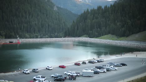 Slow-Motion-Shot-panning-over-the-crowded-parking-lot-at-Tibble-Fork-Reservoir-up-American-Fork-Canyon-in-Utah