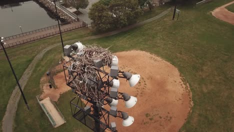 An-empty-bird's-nest-on-top-of-the-light-tower,-overlooking-a-baseball-field-in-Boston,-Massachusetts---aerial