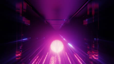 Leuchtende-Violette-Neonkugel-Rollt-In-Einen-Unendlichen-Weltraumtunnel,-Wobei-Helle-Reflexionen-Den-Tunnel-Erhellen-Und-Einen-Hypnotischen,-Immersiven-Effekt-Erzeugen