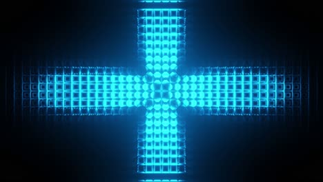Blaues-Lichtkreuz-Dreht-Sich-Vertikal-In-Wiederholungsmuster,-Schwarzer-Hintergrund-3D-Bewegung