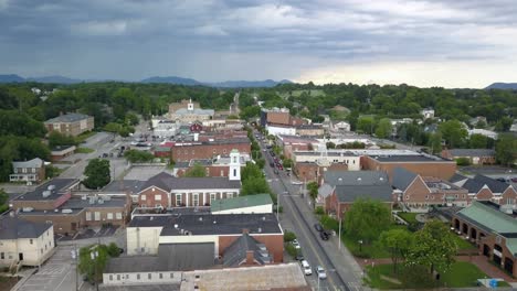 Aerial-Tilt-Down-Salem-Virginia-near-Roanoke,-Small-Town-USA
