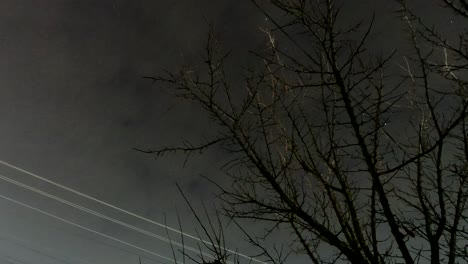 Time-lapse-of-clouds-moving-fast,-above-a-tree-and-electric-wires,-at-night-time