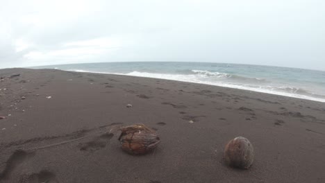 Kokosnüsse-An-Einem-Schwarzen-Sandstrand,-Während-Raue-Meereswellen-Vom-Sturm-Auf-Den-Strand-Der-Philippinen-Stürzen,-4k
