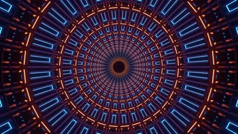 Fast-teal-and-orange-turning,-rotating-and-expanding-round-circular-designs,-patterns-and-particles,-motion-graphics-sci-fi