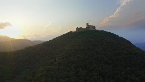 Aerial-view-of-Montsoriu-castle-at-sunset