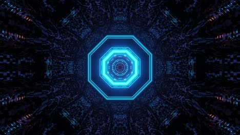 Motion-graphics-of-hollow-dark-space-emitting-cyan-and-blue-octagon-shapes-from-center