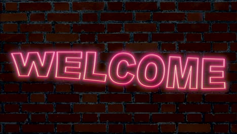 Letters-in-Glowing-neon-lights-showing-Welcome-lettering-text-moving-in-front-of-brick-wall