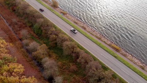Car-driving-on-road-between-Schlei-sea-and-forest-in-autumn,-aerial-tracking-shot